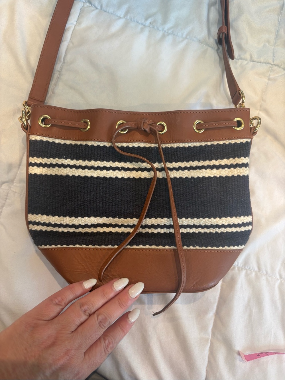 Vineyard Vines Stripe Drawstring Crossbody Bag in Navy Blue and Brown